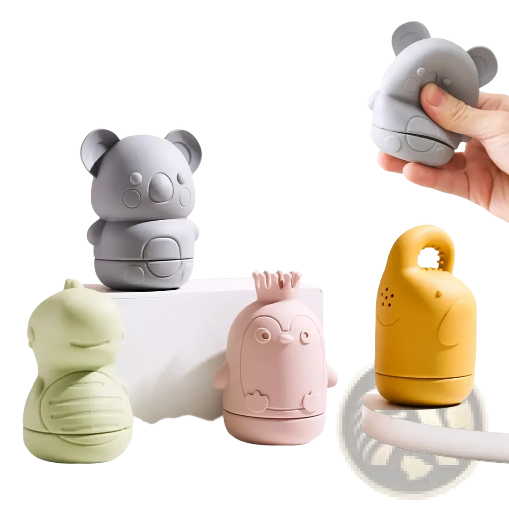 Gray koala-shaped silicone travel toiletry case designed as a baby bath sprinkler toy for convenient use