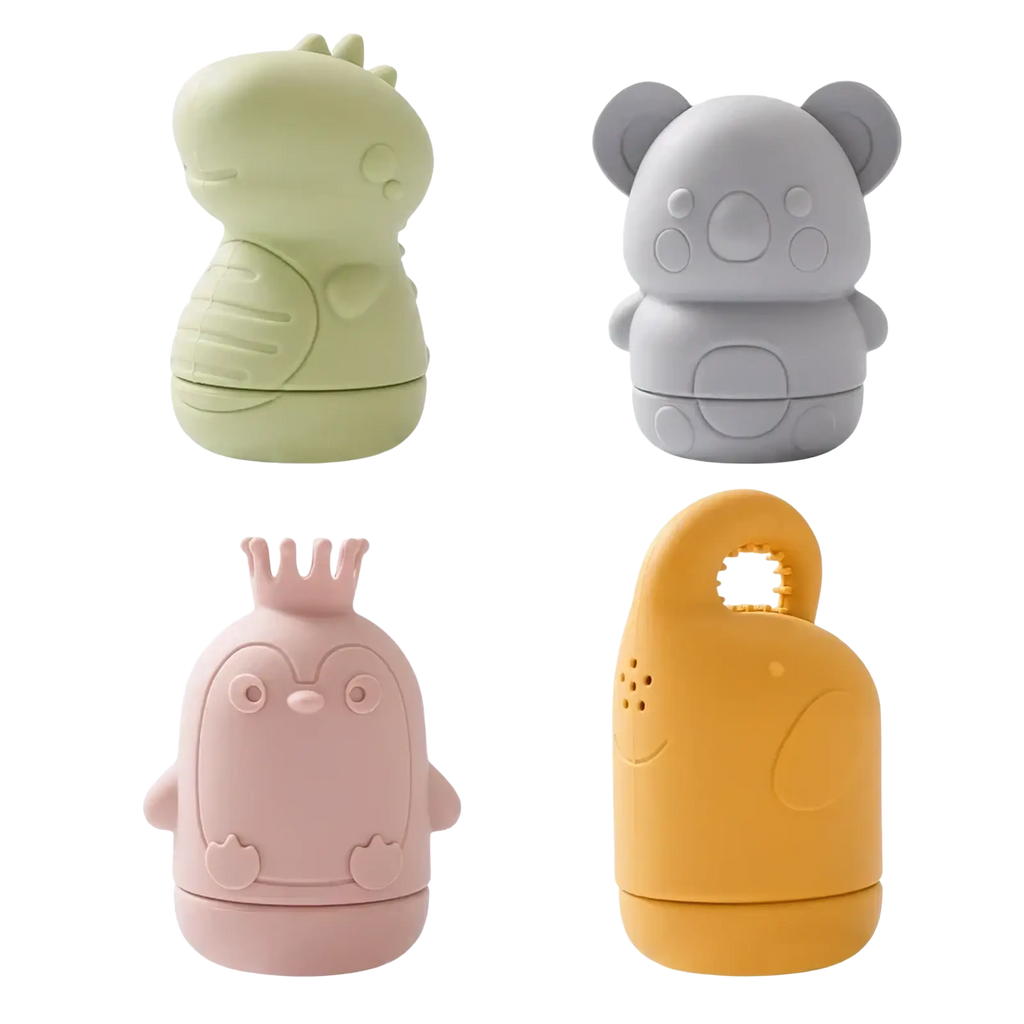 Pastel-colored silicone koala baby bath sprinkler toy with dinosaur penguin and elephant shapes for safe play