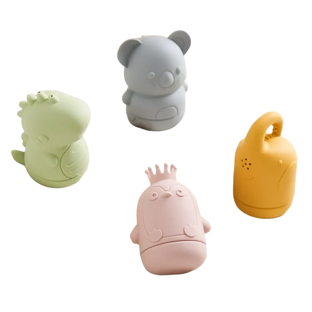Pastel pink silicone koala baby bath sprinkler toy with crown design and soft silicone texture for bath use