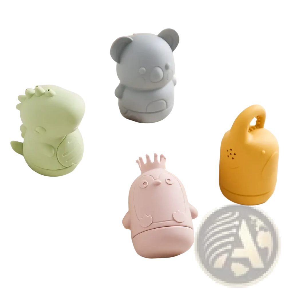 Pastel pink silicone koala baby bath sprinkler toy with crown design and soft silicone texture for bath use