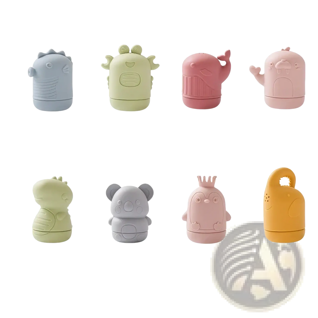 Set of eight pastel-colored soft silicone travel toiletry containers shaped like cute animals including dinosaurs and whales
