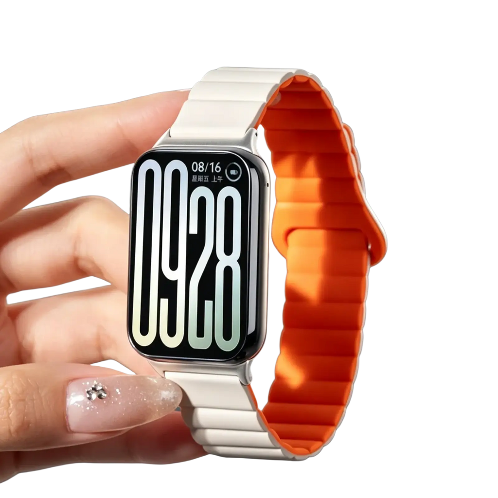 Orange and white two-tone silicone magnetic smart watch band with sleek flexible design for xiaomi redmi watch