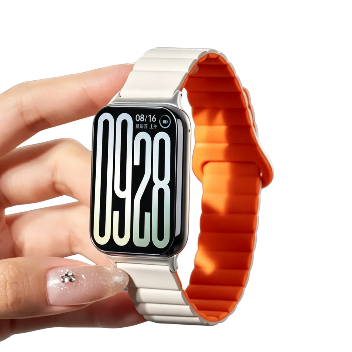 Orange and white two-tone silicone magnetic smart watch band with sleek flexible design for xiaomi redmi watch