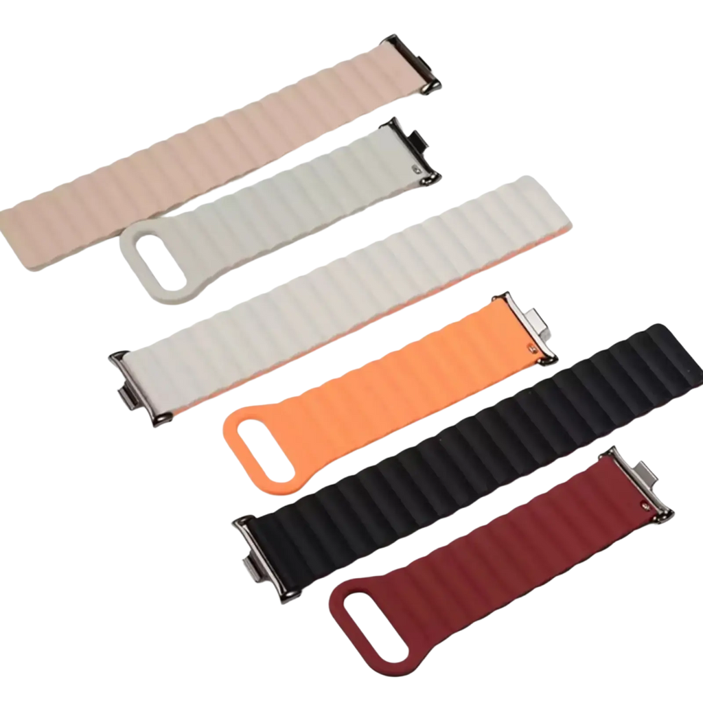 A set of five pastel silicone magnetic smart watch bands for Xiaomi Redmi Watch with ribbed texture and metallic clasps