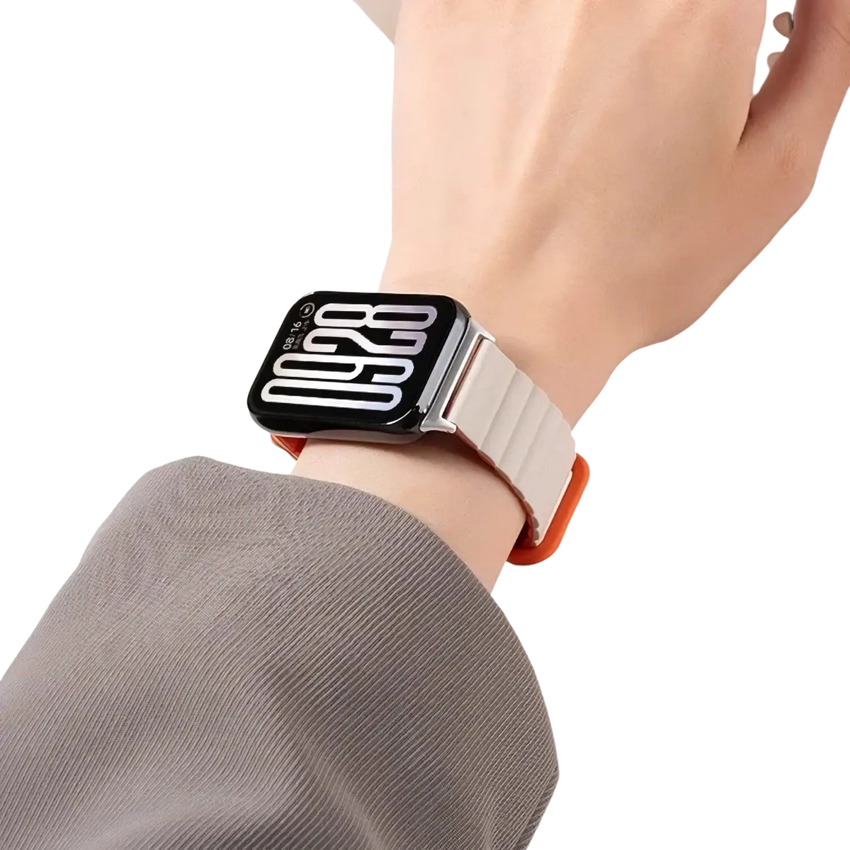 A sleek black smartwatch with a white digital display and an orange-accented silicone magnetic band for Xiaomi Redmi Watch