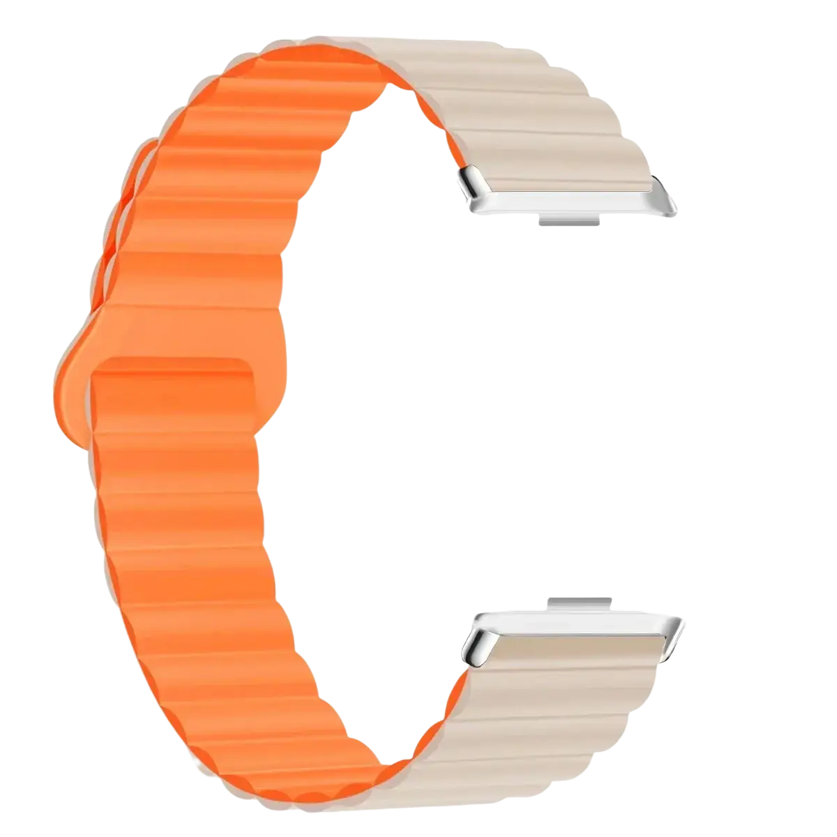 Vibrant orange and cream silicone magnetic smart watch band for Xiaomi Redmi with sleek ribbed design and silver clasp