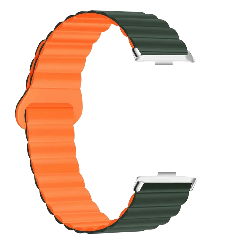 Silicone magnetic smart watch band for Xiaomi Redmi Watch in vibrant orange and dark green with ribbed texture and silver clasp
