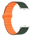 Silicone magnetic smart watch band for Xiaomi Redmi Watch in vibrant orange and dark green with ribbed texture and silver clasp