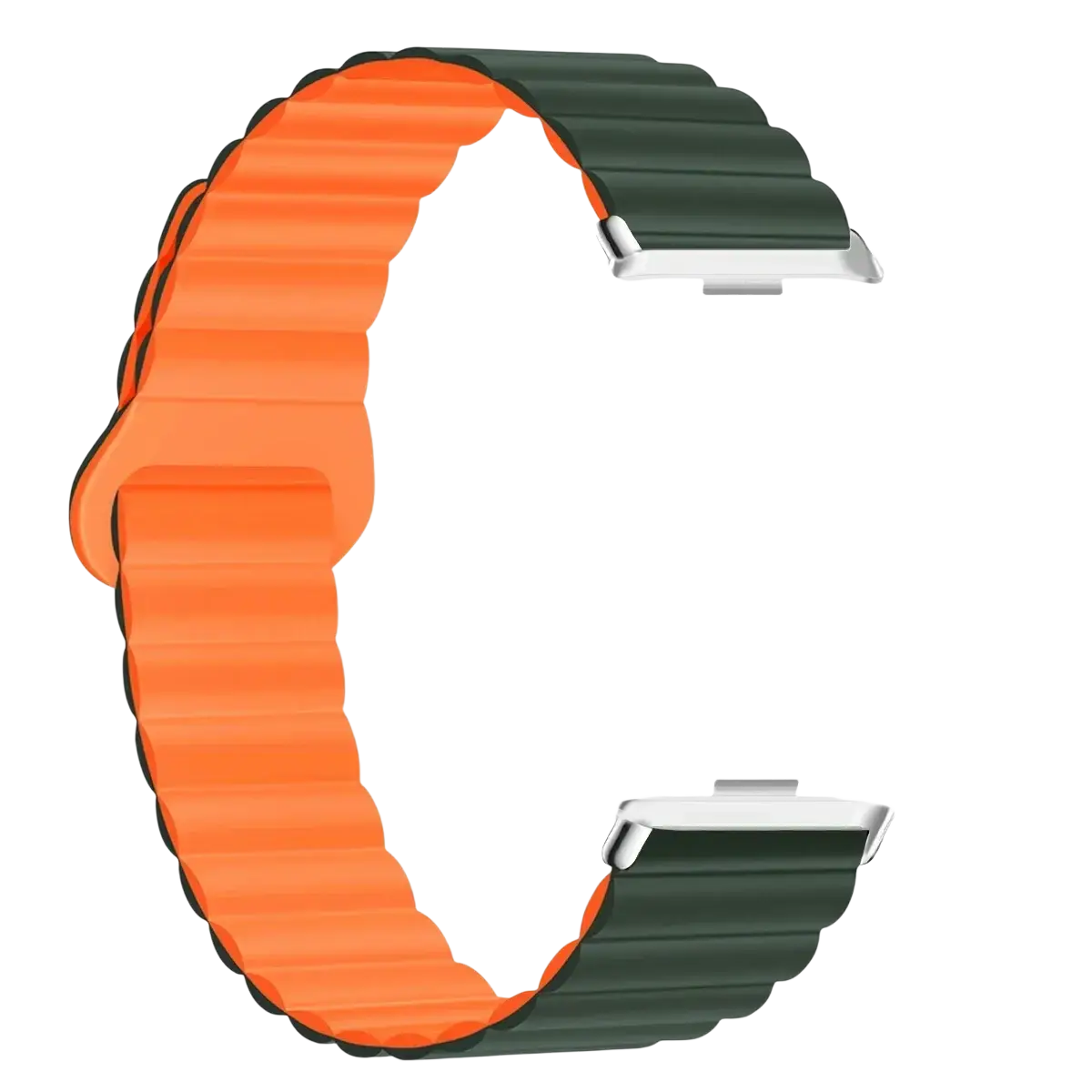 Silicone magnetic smart watch band for Xiaomi Redmi Watch in vibrant orange and dark green with ribbed texture and silver clasp