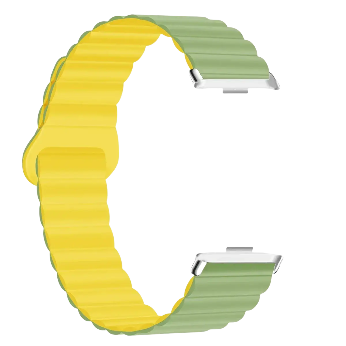 A vibrant two-tone yellow and light green silicone magnetic smart watch band with wavy ribbed texture for Xiaomi Redmi Watch