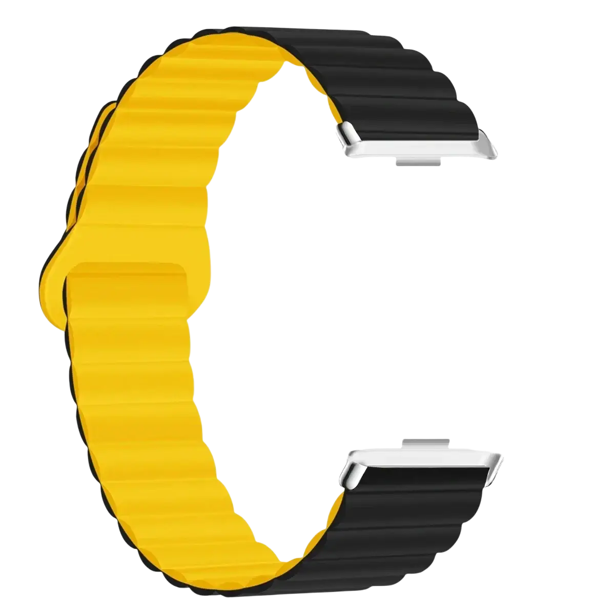 Vibrant yellow and black silicone magnetic smart watch band for Xiaomi Redmi watch with ribbed texture and silver clasp