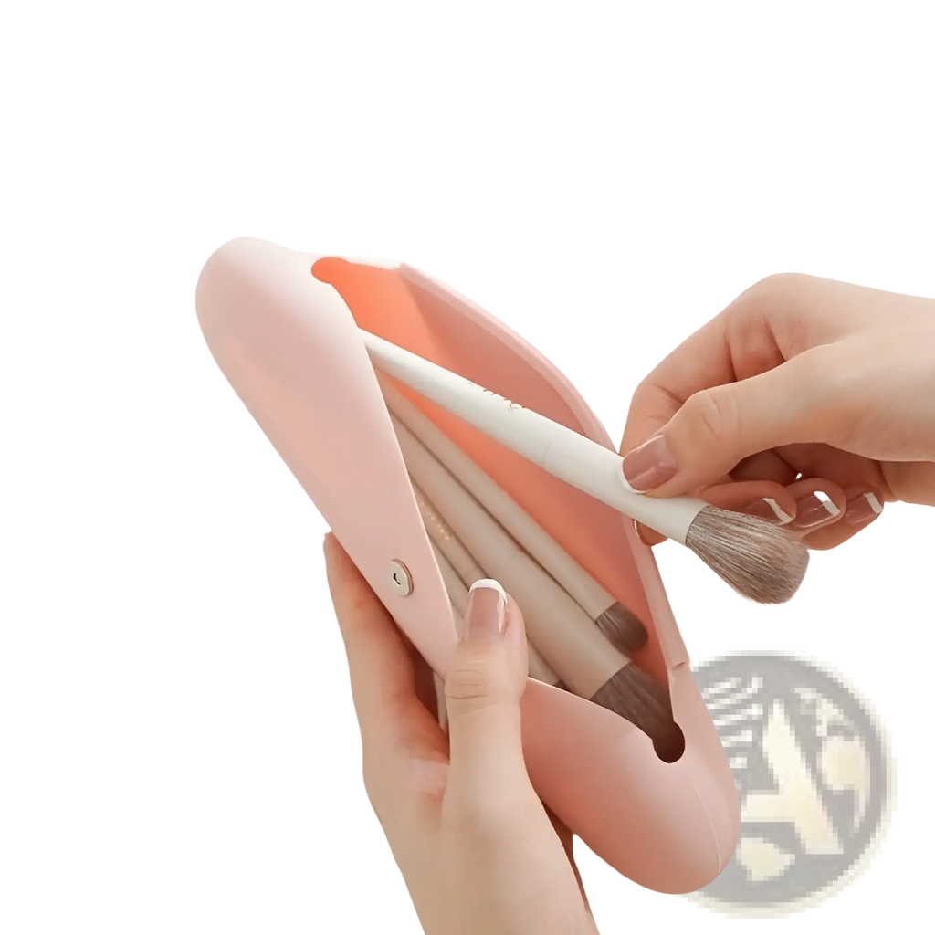 Pink silicone makeup brush travel bag with large opening design for easy access and durable protective storage