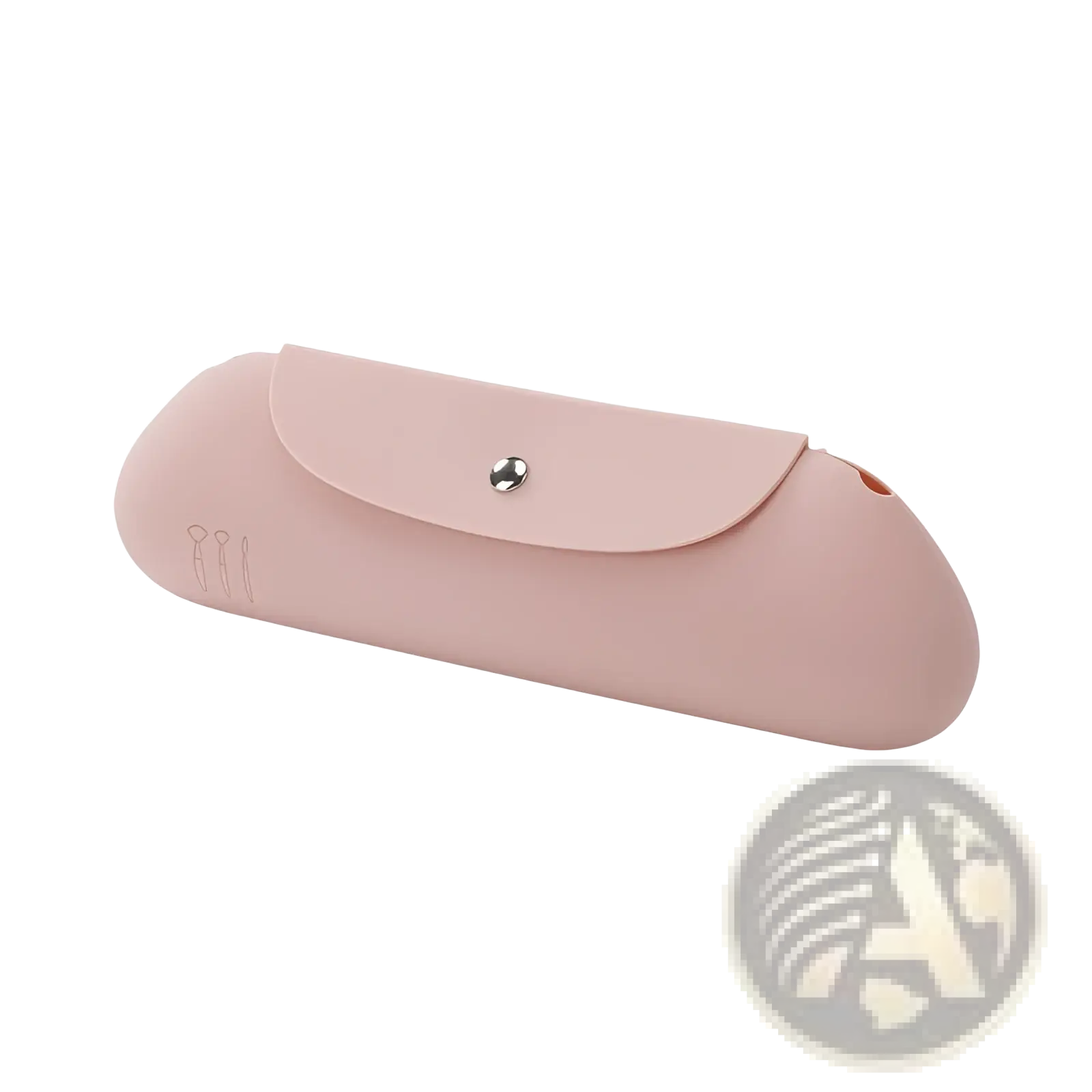 Pink silicone makeup brush travel bag case with silver snap button closure and subtle engraved logo on the side