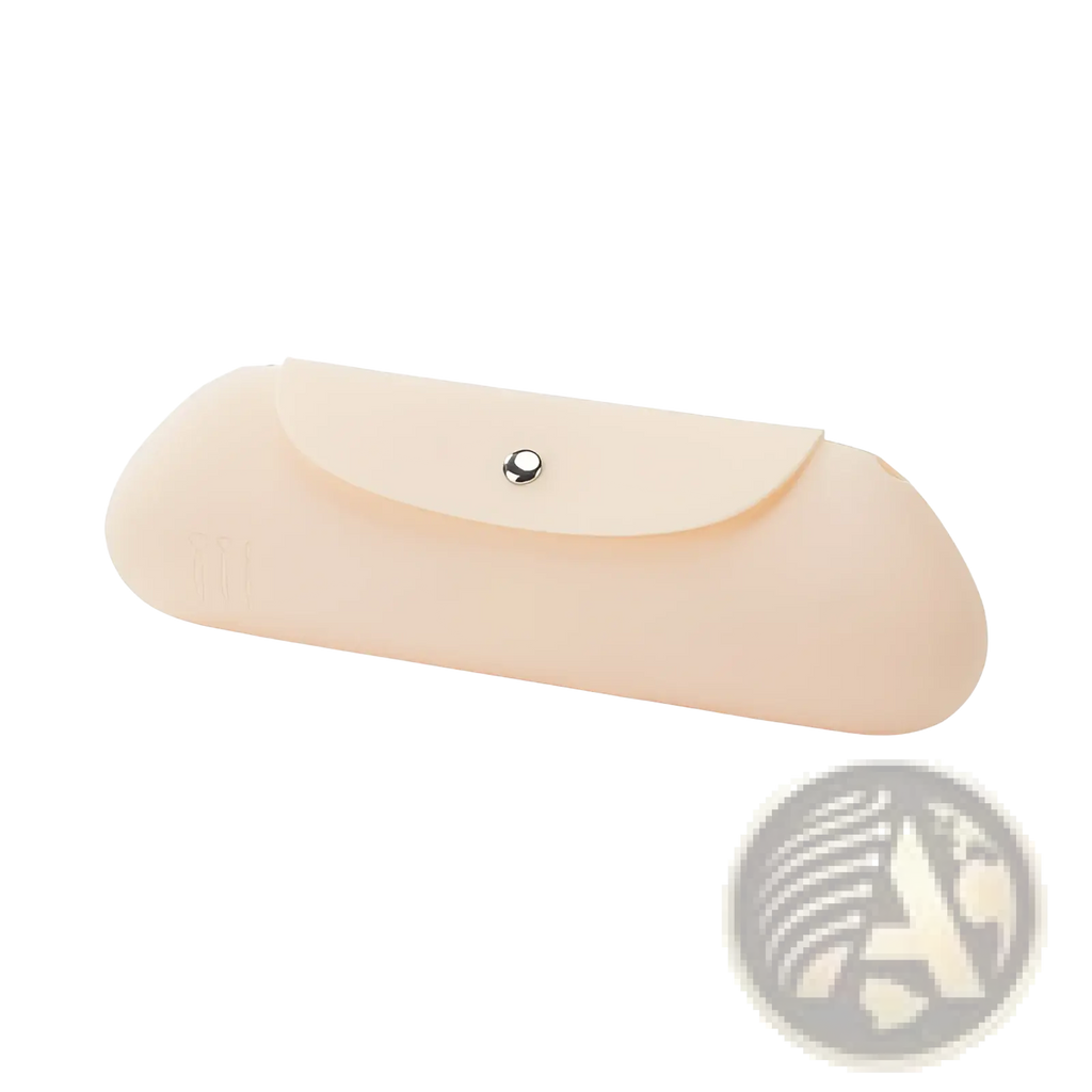 Beige silicone makeup brush travel bag with silver snap button closure in a compact glasses case design