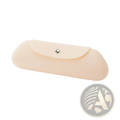 Beige silicone makeup brush travel bag with silver snap button closure in a compact glasses case design