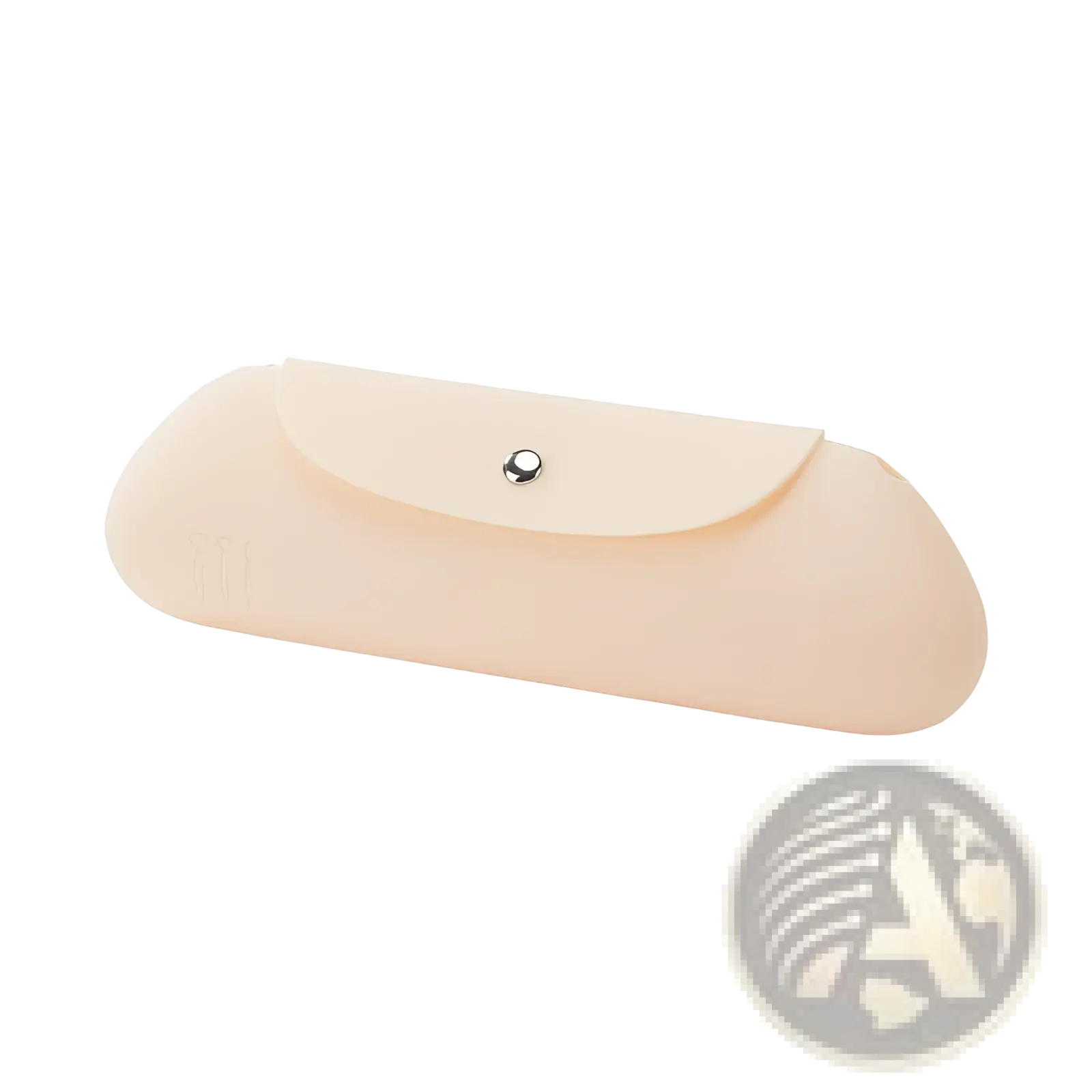 Beige silicone makeup brush travel bag with silver snap button closure in a compact glasses case design