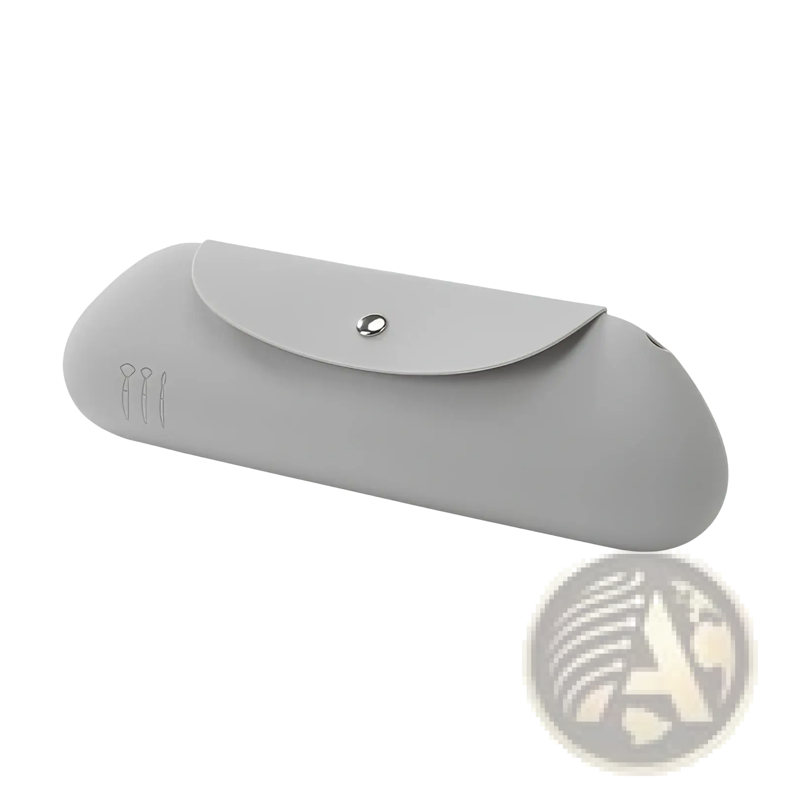 Gray silicone glasses case with sleek minimalist design and silver snap button closure for travel storage
