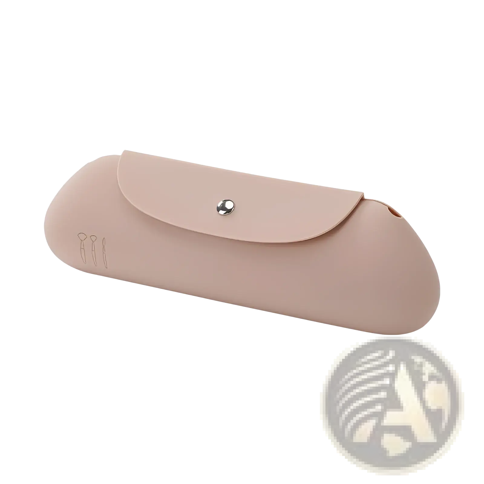 A sleek blush pink silicone makeup brush travel bag with minimalist flap and silver button closure