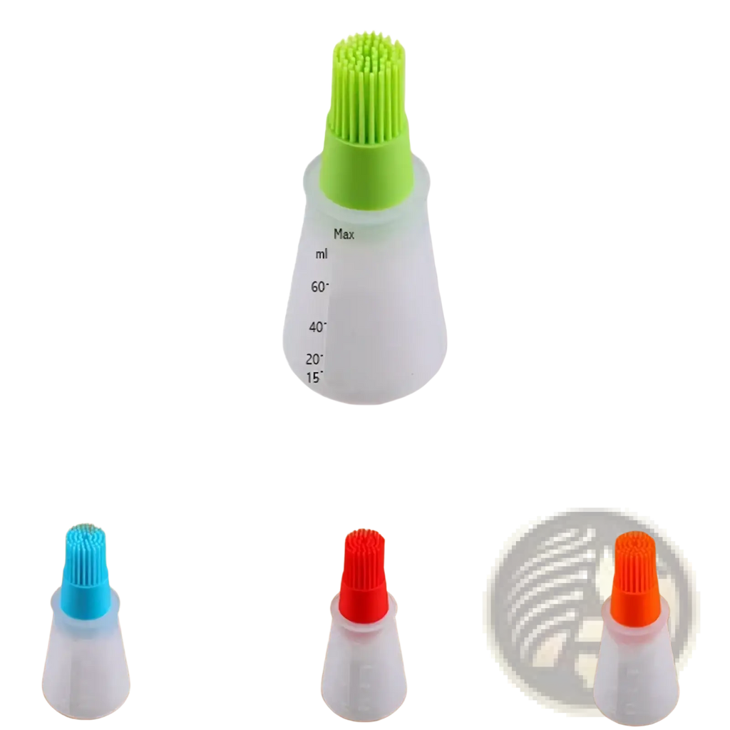 Silicone oil dispenser brush for cooking and baking with a green silicone bristle head and white translucent 12cm body