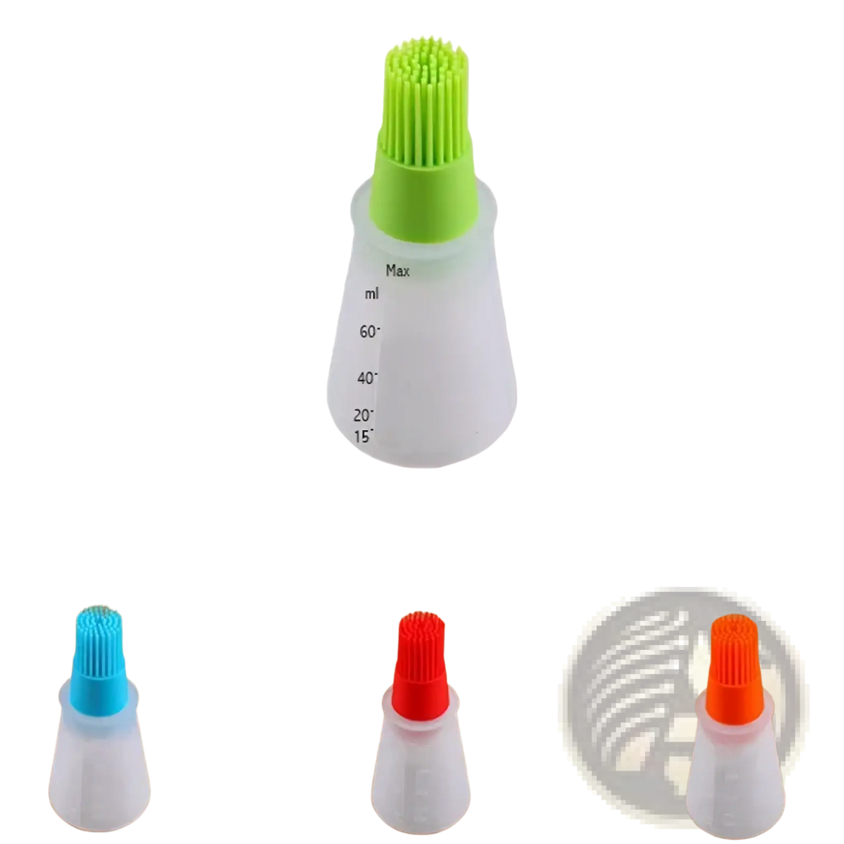 Silicone oil dispenser brush for cooking and baking with a green silicone bristle head and white translucent 12cm body