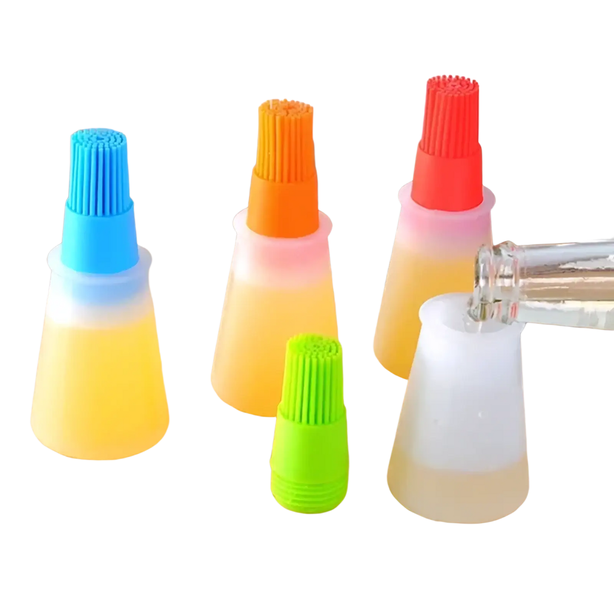 Colorful silicone oil dispenser brushes with flexible bristles and translucent bodies in blue, orange, red, and green caps