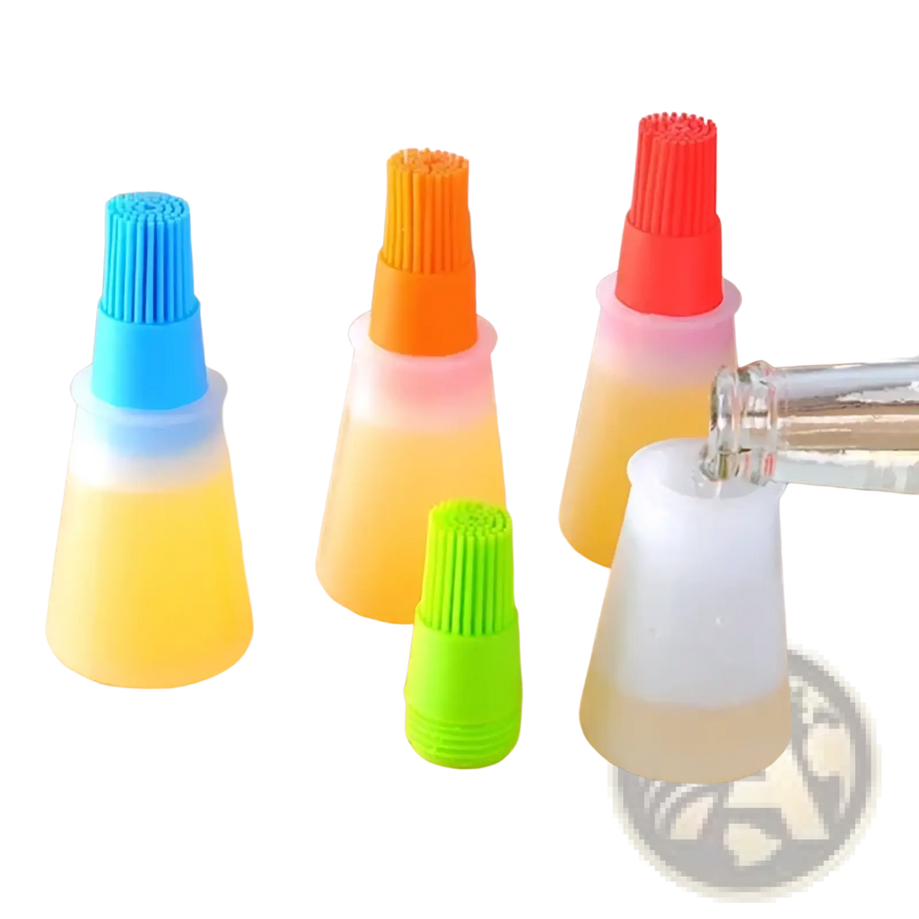Colorful silicone oil dispenser brushes with flexible bristles and translucent bodies in blue, orange, red, and green caps