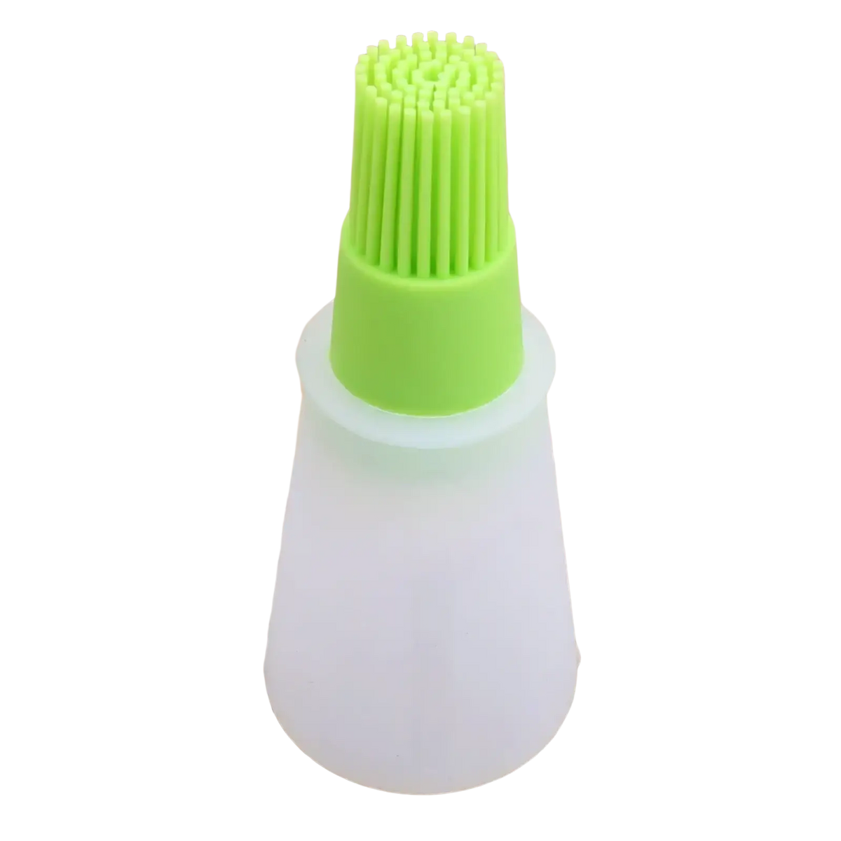Silicone oil dispenser brush with lime green silicone bristles and translucent white handle for cooking and baking