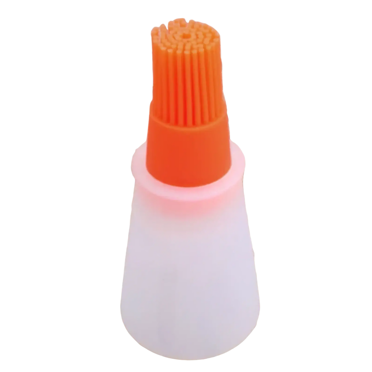 Orange silicone oil dispenser brush with translucent white plastic handle for cooking and baking use