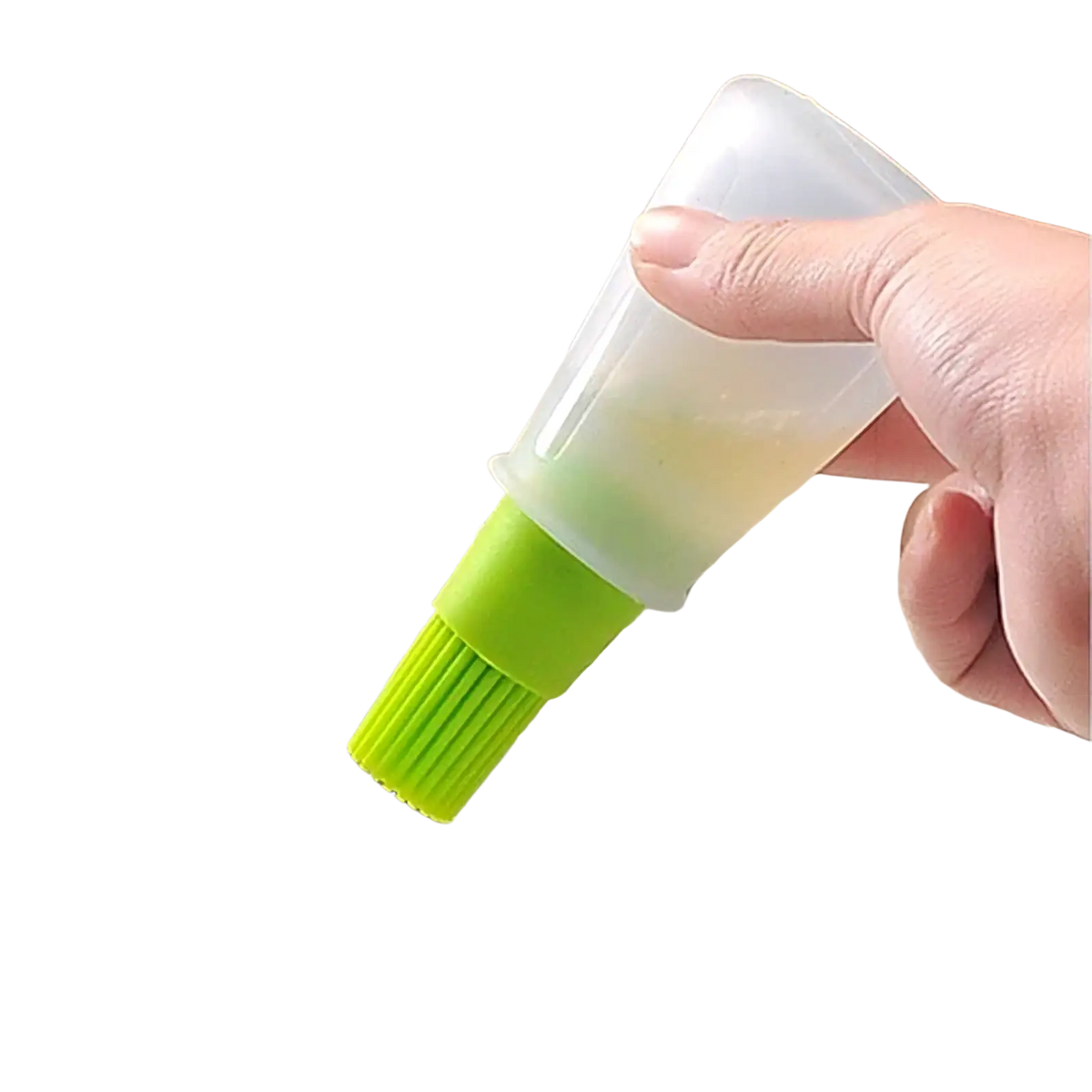 A translucent green silicone oil dispenser brush with a clear plastic squeeze bottle for cooking and baking