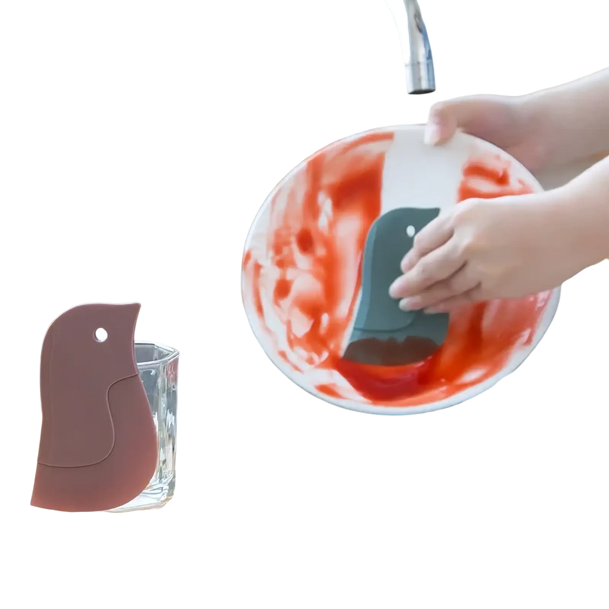 Pink silicone bird-shaped dish scrubber for grease cleaning and pan scraping made of flexible silicone material