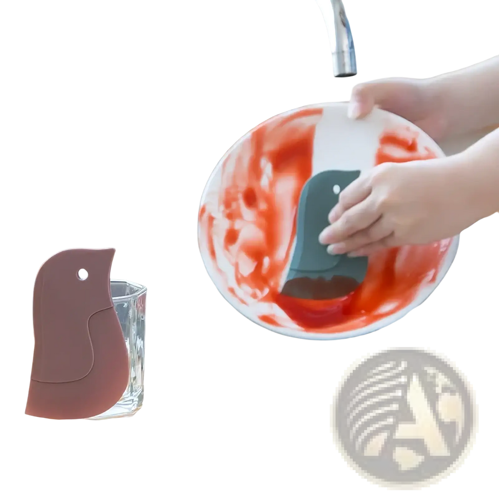Pink silicone bird-shaped dish scrubber for grease cleaning and pan scraping made of flexible silicone material