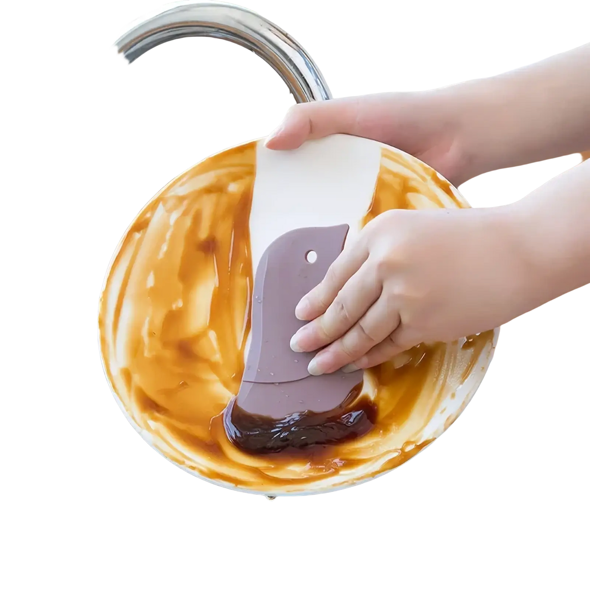 Purple silicone pan scraper with a white handle used to clean food residue from a stained plate