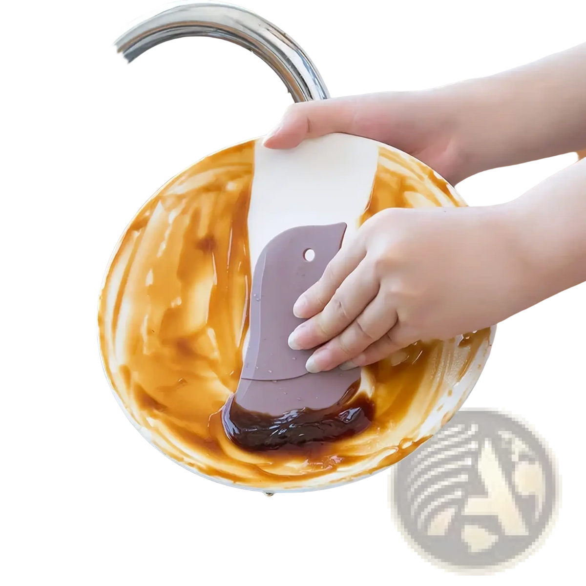 Purple silicone pan scraper with a white handle used to clean food residue from a stained plate