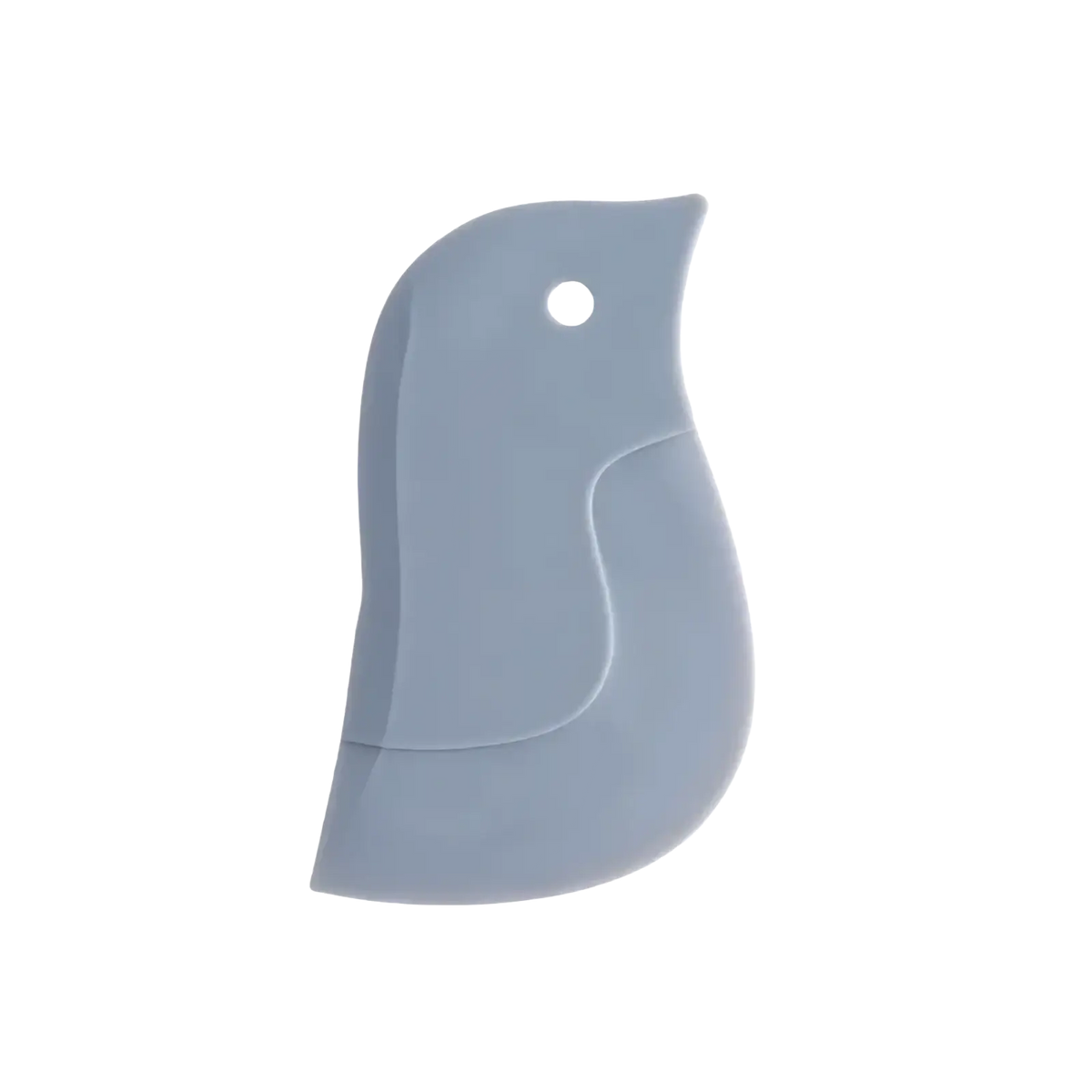 A sleek light gray silicone bird-shaped pan scraper and grease cleaning tool with a smooth rounded design and hanging hole