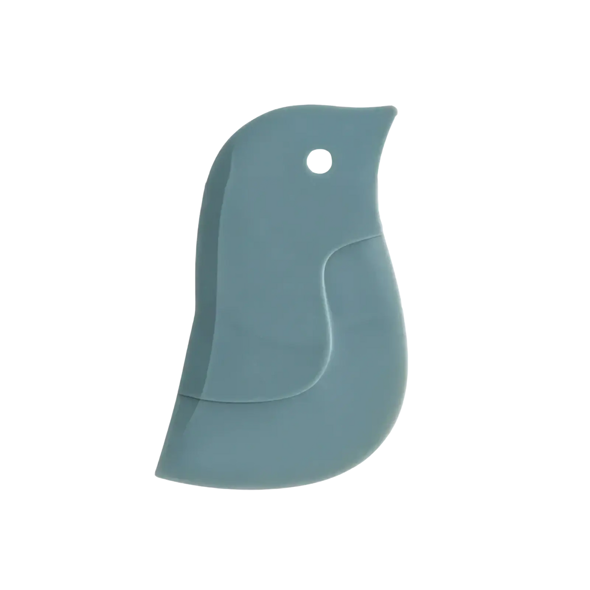 A sleek matte teal silicone pan scraper shaped like a bird with a minimalist design and hanging hole for grease cleaning