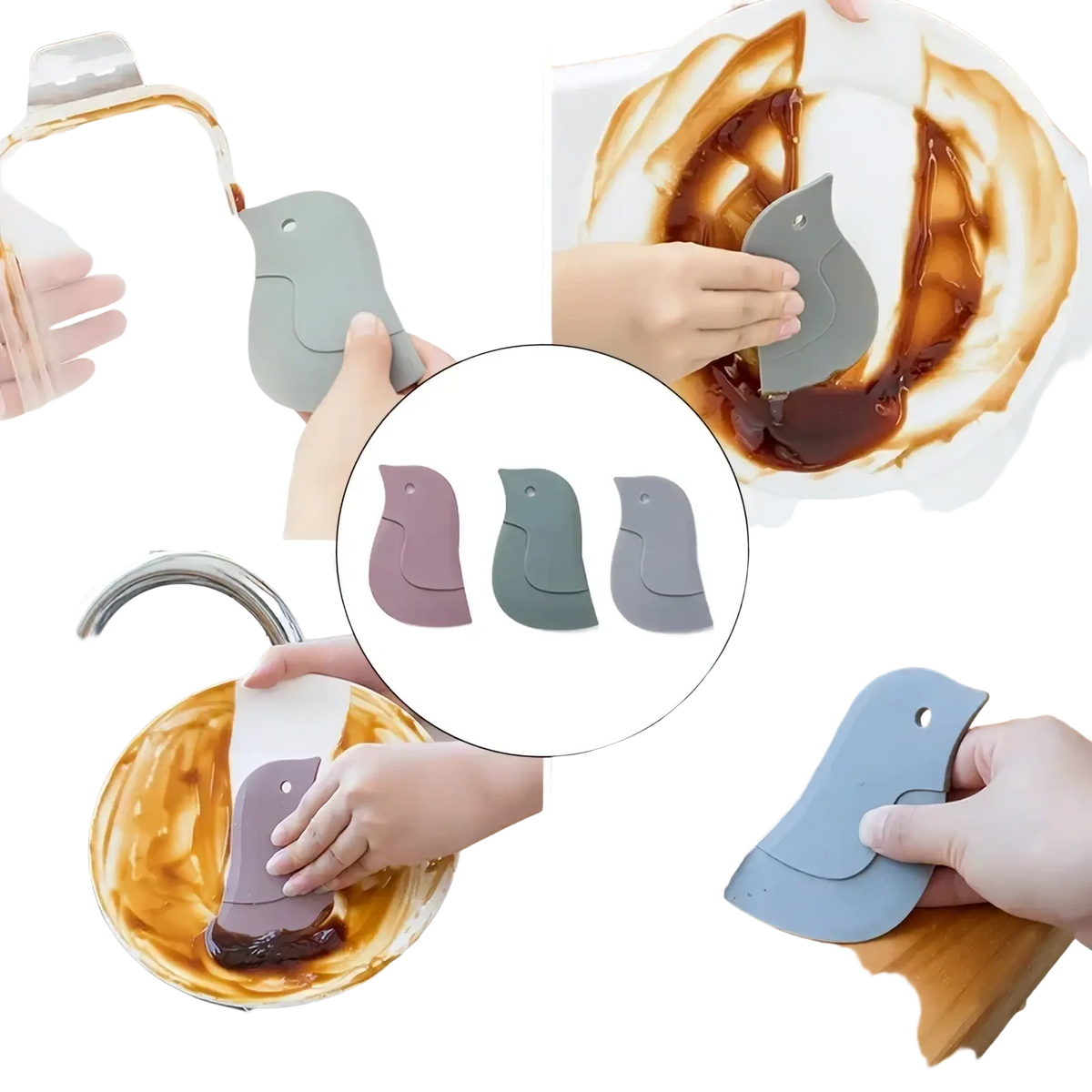 Soft silicone pan scrapers shaped like birds in gray mauve and sage green for cleaning sticky dish messes