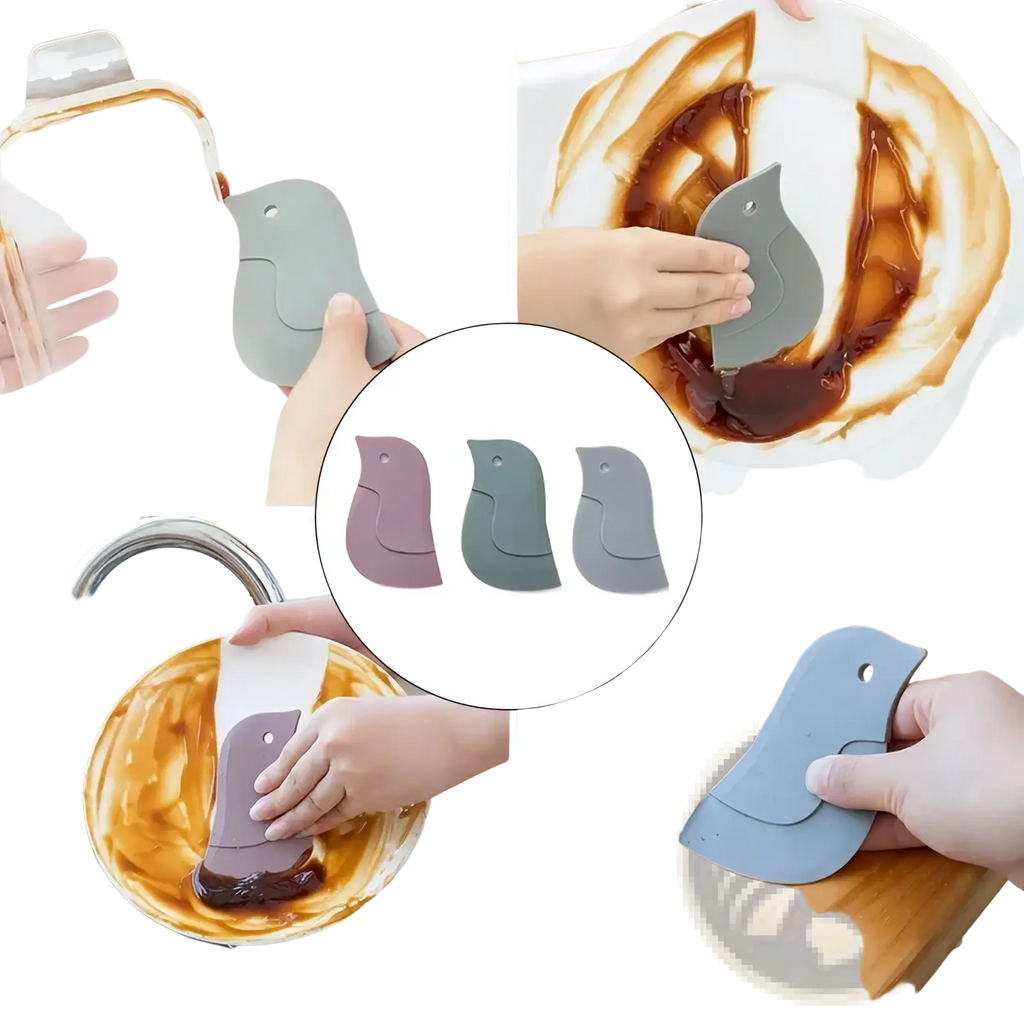 Soft silicone pan scrapers shaped like birds in gray mauve and sage green for cleaning sticky dish messes