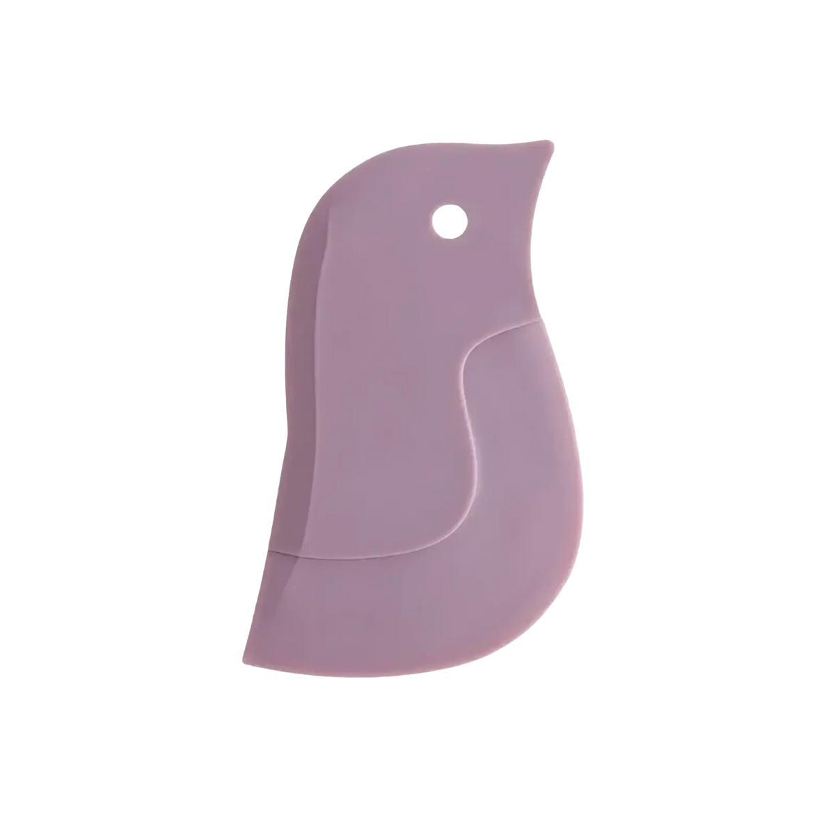A soft lavender silicone bird-shaped pan scraper with smooth rounded design and a small hole for grease cleaning
