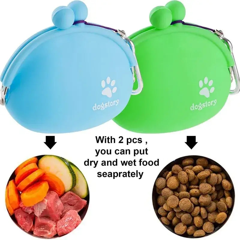 Blue and green silicone pet dog train food pouches with white paw print logo for train food snacks storage