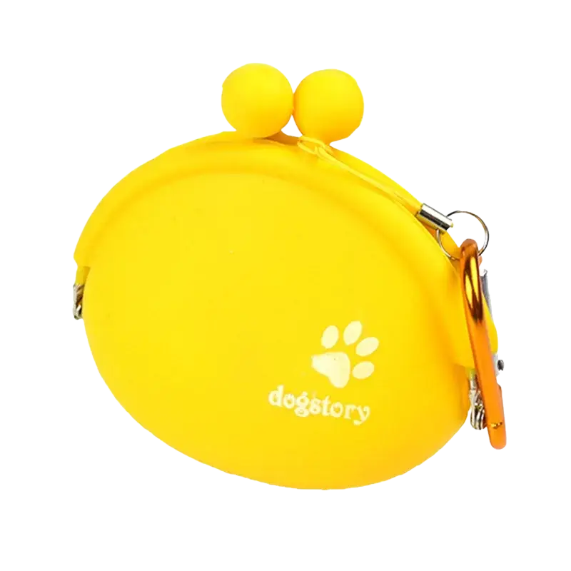 Bright yellow silicone pet dog train food pouch with rounded ears and white paw print logo for train food snacks