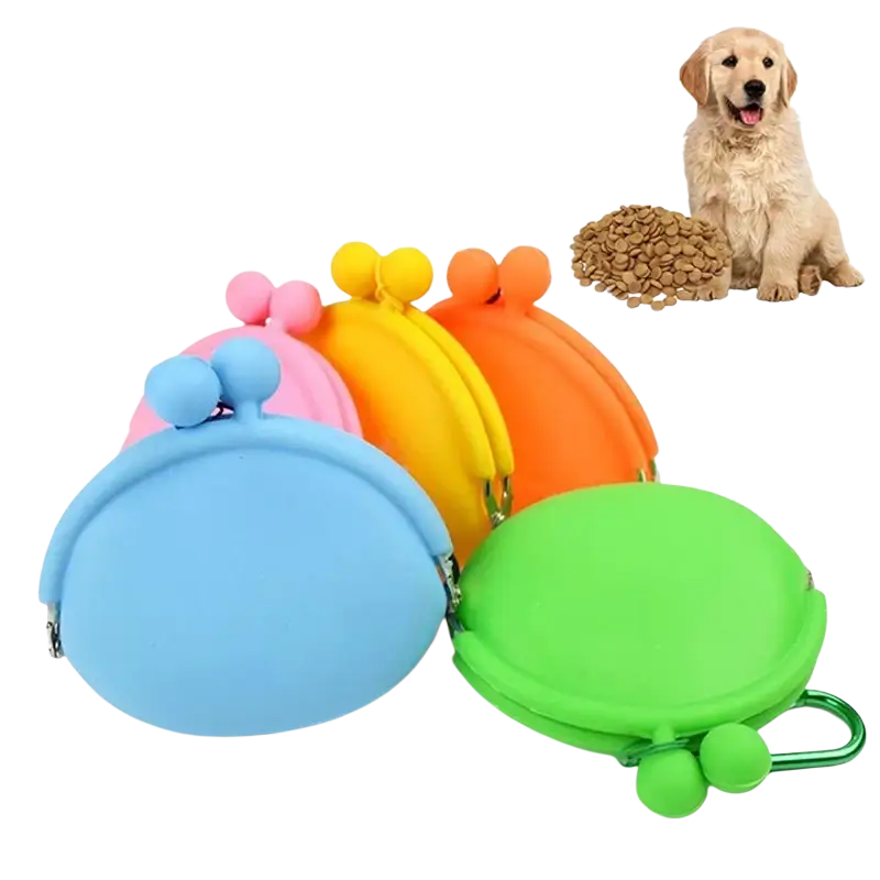 Brightly colored silicone pet dog train food snacks pouches with rounded pom pom clasps in pink blue yellow orange and green