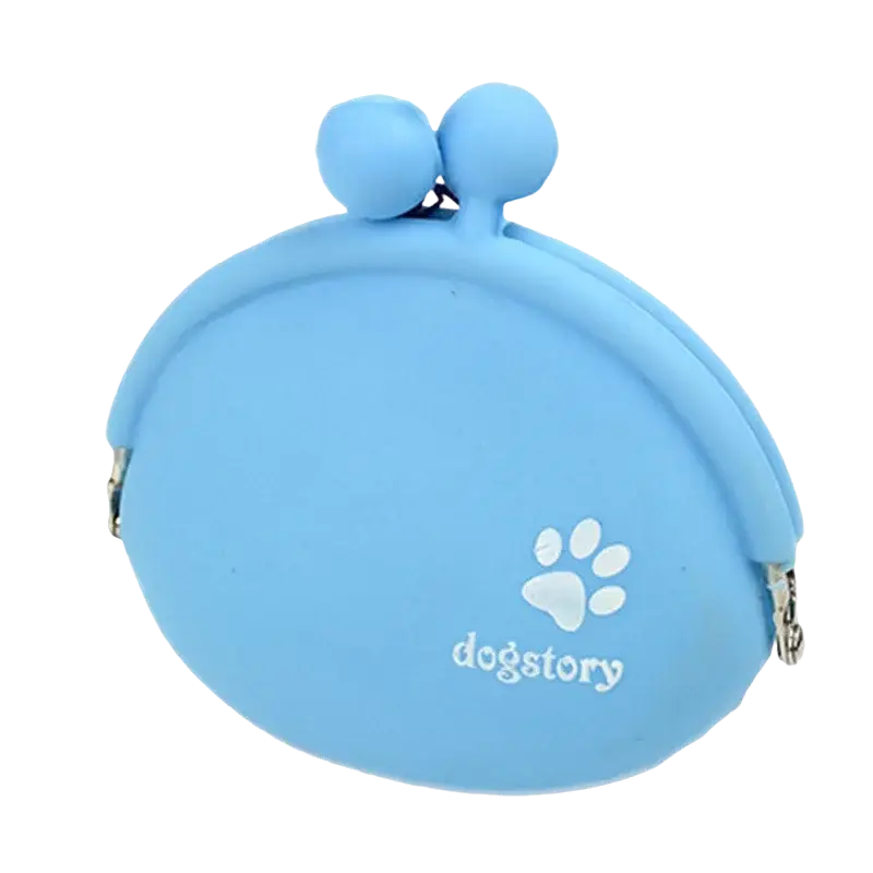 Light blue silicone pet dog train pouch with rounded design pom-pom handles and white paw print logo for train food snacks