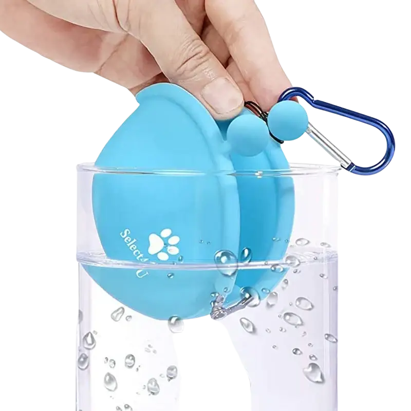 Light blue silicone pet dog train food snacks pouch with paw print logo and blue carabiner clip for easy use