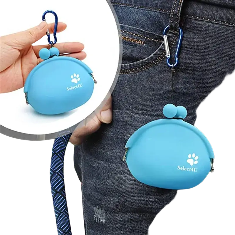 Light blue silicone pet dog train food snacks pouch with white paw print logo and blue carabiner clip