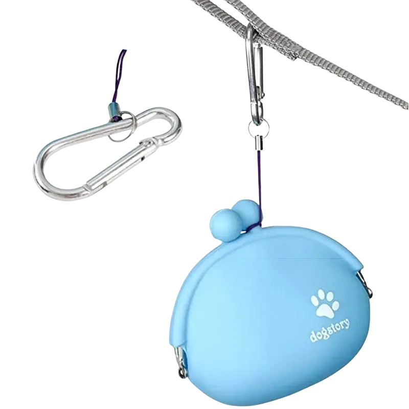 Light blue silicone pet dog train food snacks pouch with white paw print and dogstory logo featuring ball clasps