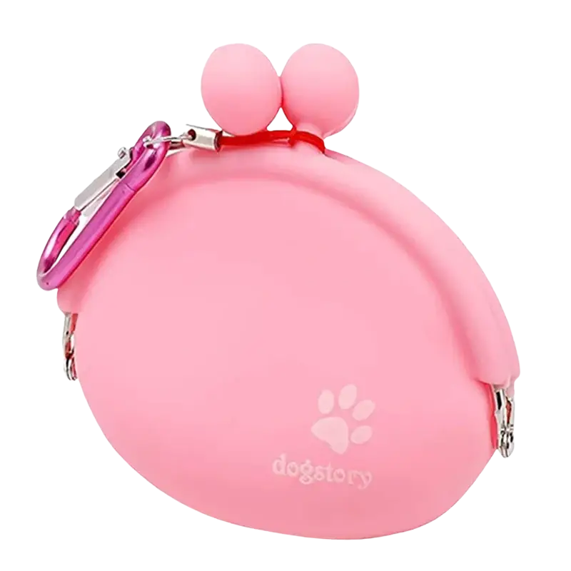 Pink silicone pet dog train food snacks pouch with rounded bunny ears and magenta carabiner clip