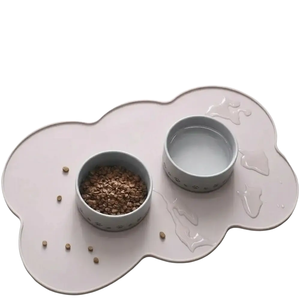 Pink cloud-shaped silicone pet feeding mat with two gray bowls holding dry kibble and water for pets