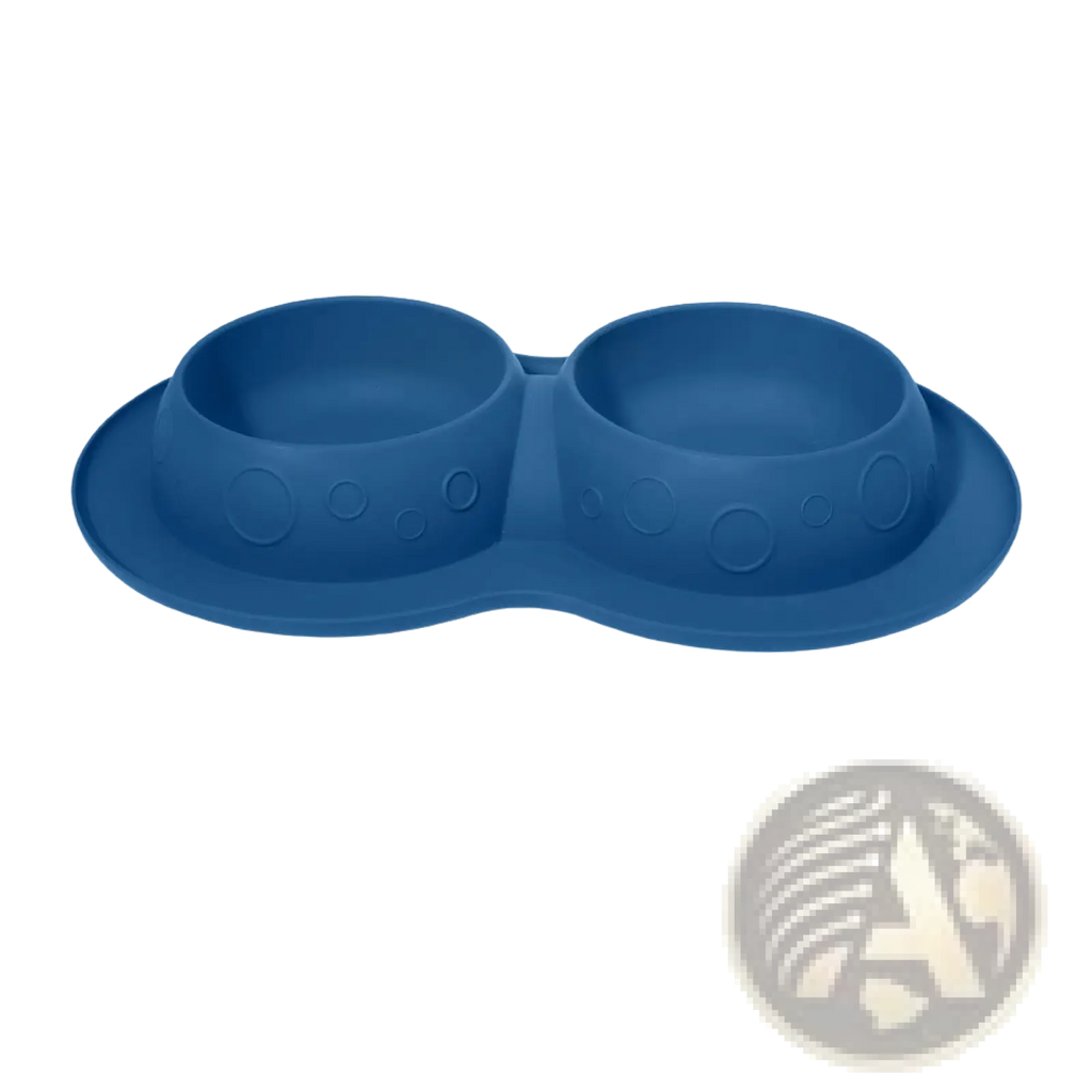 Blue silicone pet food and water bowl mat set with two connected circular bowls featuring embossed circle patterns