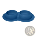 Blue silicone pet food and water bowl mat set with two connected circular bowls featuring embossed circle patterns