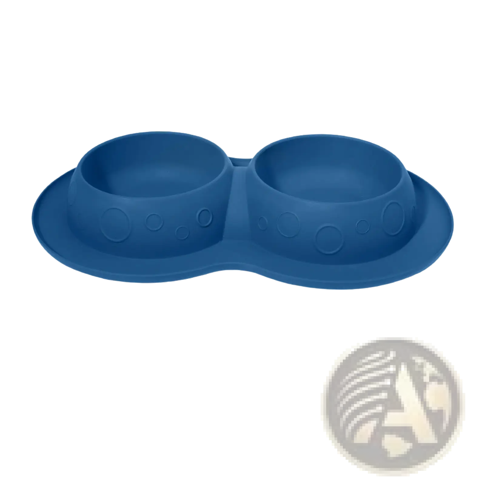 Blue silicone pet food and water bowl mat set with two connected circular bowls featuring embossed circle patterns